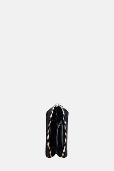 Portefeuille noir VALENTINO BAGS, avec fermeture à glissière dorée, représenté debout sur un fond blanc.