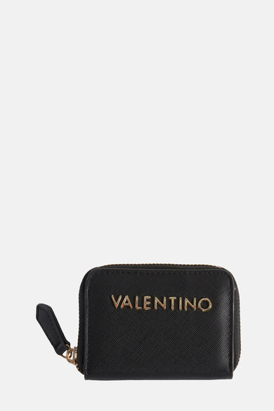 Portefeuille noir VALENTINO BAGS avec fermeture à glissière dorée et nom de marque en lettres dorées.