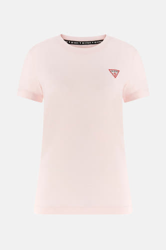 T-shirt rose à manches courtes de Guess, avec un petit logo sur la poitrine et 'BE SEXY BE UNIQUE BE ICONIC' dans le col.