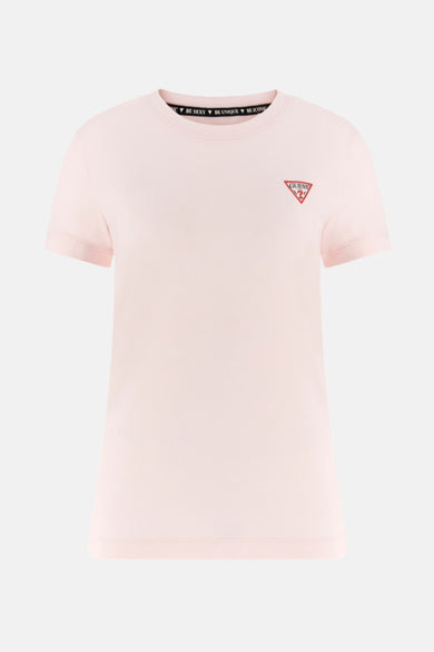 T-shirt rose à manches courtes de Guess, avec un petit logo sur la poitrine et 'BE SEXY BE UNIQUE BE ICONIC' dans le col.