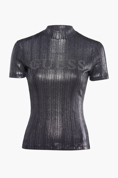 T-shirt côtelé bleu à col montant de Guess®, matière brillante, manches courtes, vue de face