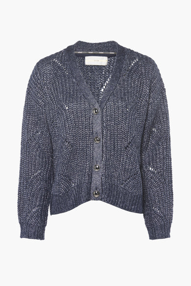 Gilet en maille bleu de Guess avec texture ouverte, col en V et boutons argentés.