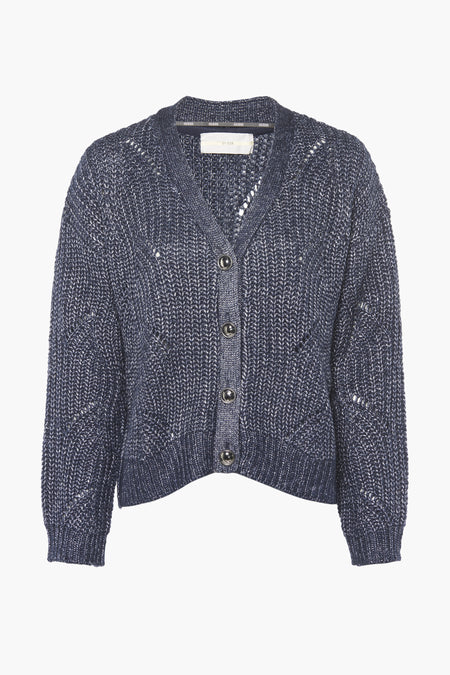 Gilet en maille bleu de Guess avec texture ouverte, col en V et boutons argentés.
