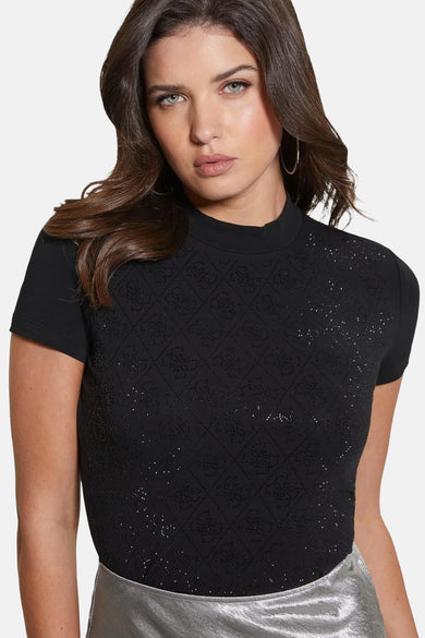 T-shirt noir à manches courtes de Guess avec un motif de fenêtre et des strass.