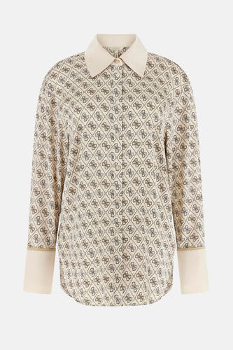 Chemise beige à longues manches de Guess, avec un motif logo all-over et une col et et des poignets contrastants.