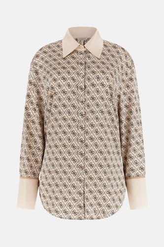Chemise beige à longues manches de Guess, avec un motif et un col et des poignets contrastants.