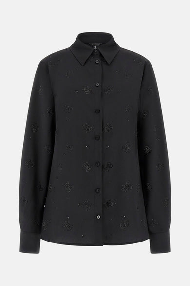 Chemise noire à longues manches de Guess, avec un motif de petits logos et de paillettes.