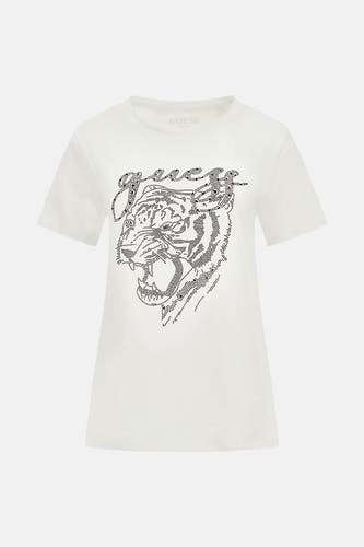T-shirt blanc à manches courtes de Guess avec imprimé tigre en strass.