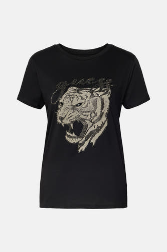 T-shirt noir à manches courtes de Guess, orné d'imprimé tigre avec des strass.