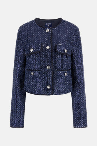 Manteau court bleu marine de Guess avec des boutons et des poches argentés.