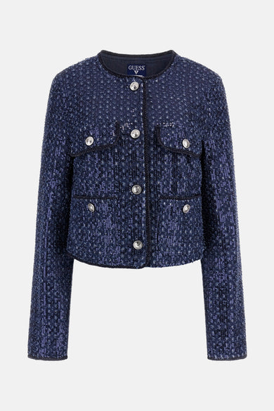 Manteau court bleu marine de Guess avec des boutons et des poches argentés.