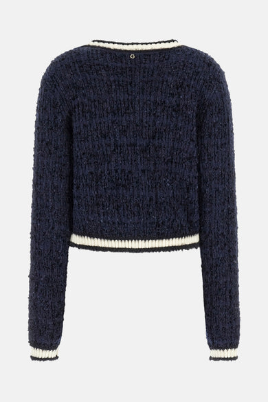 Veste bleue Guess avec texture, col rond avec patte de boutonnage et logo sur le dos.