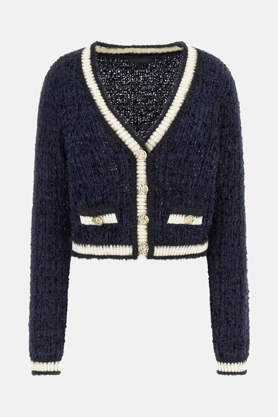 Veste bleue Guess avec col V, fermeture à boutons et poches élégantes avec des boutons dorés.
