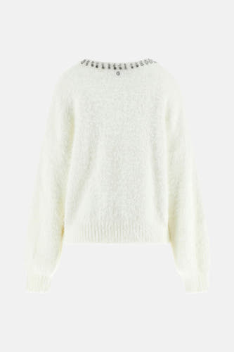 T-shirt blanc avec col rond de Guess, orné de strass le long du col et de manches longues.