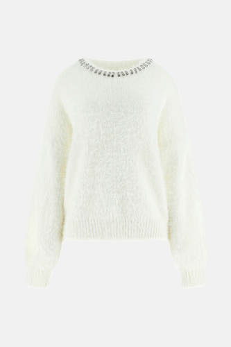 Pull-over blanc avec col rond de Guess, orné de strass autour du col et d'une douce texture.
