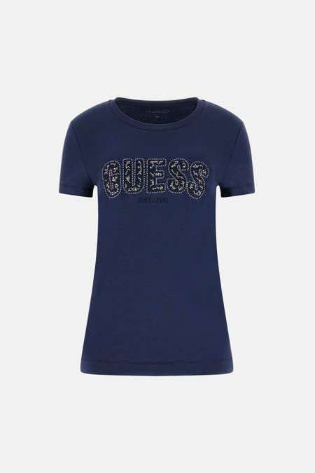 T-shirt bleu à manches courtes de Guess, orné de strass et du texte "GUESS EST. 1981".