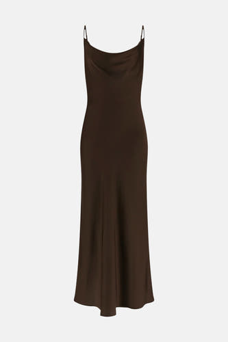 Robe marron sans manches Guess® avec un décolleté drapé, des bretelles spaghetti et une longueur midi.