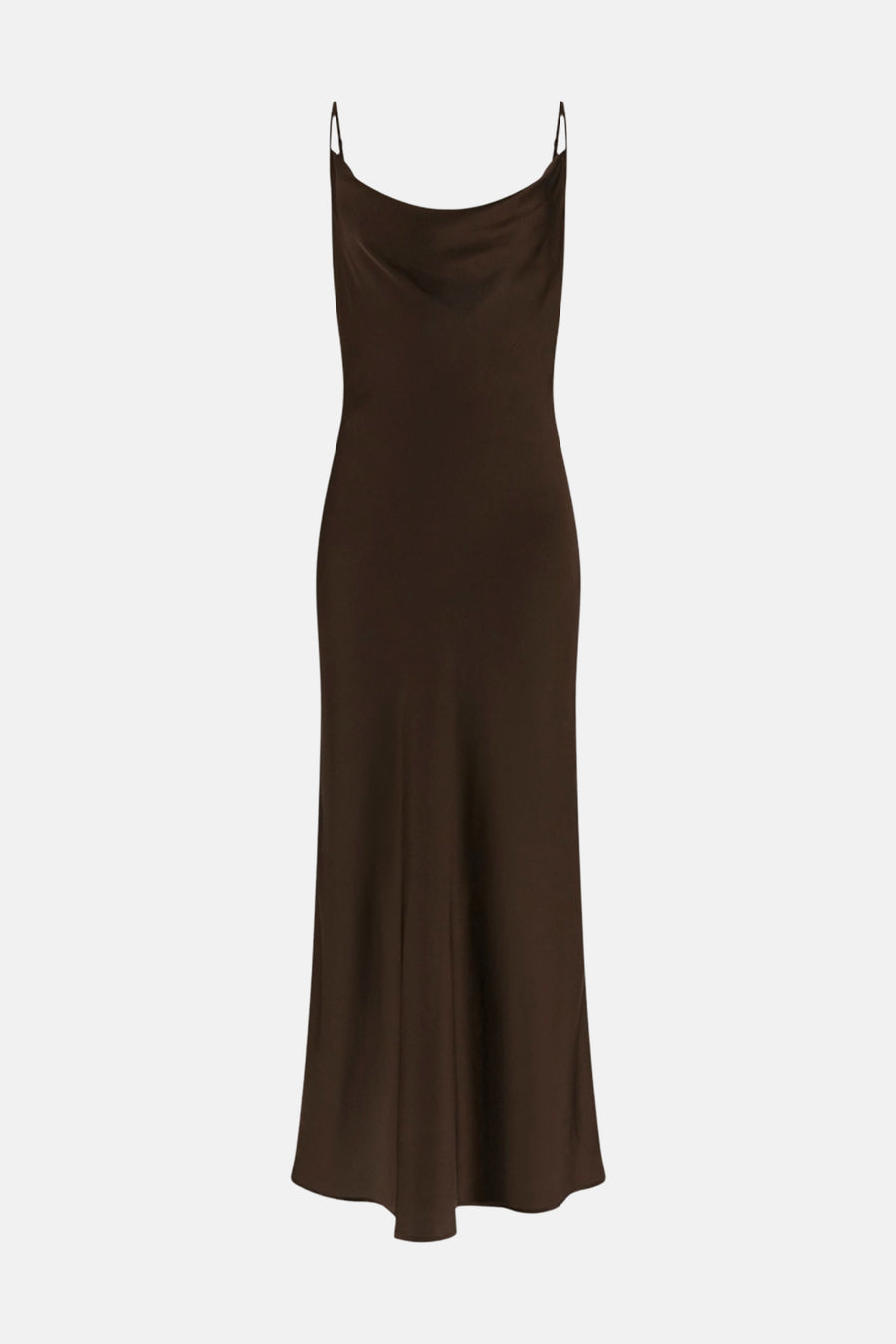 Robe midi sans manches marron de Guess® avec un col bateau drapé et des bretelles spaghetti.