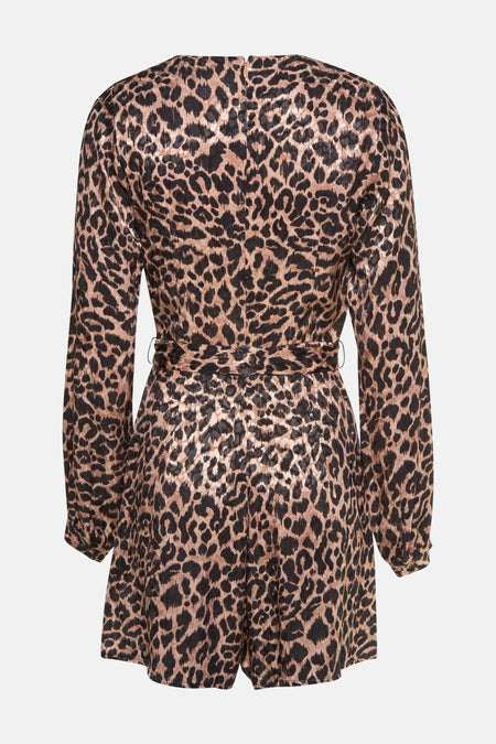 Combinaison brune de Guess® avec imprimé léopard, longues manches et ceinture à la taille.