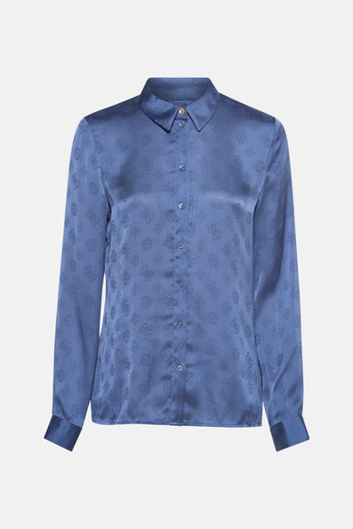 Blouse bleue en soie avec manches longues de Guess, avec imprimé logo intégral et fermeture à boutons.