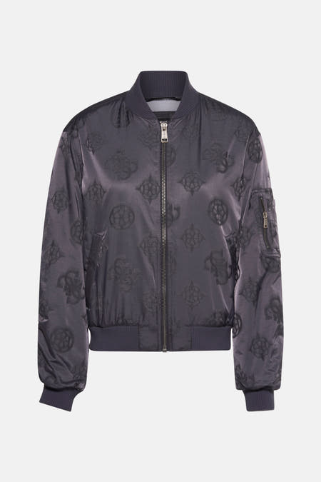 Manteau gris de Guess® avec un imprimé logo plus foncé et une fermeture éclair argentée.