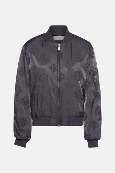 Manteau gris de Guess® avec un imprimé logo plus foncé et une fermeture éclair argentée.
