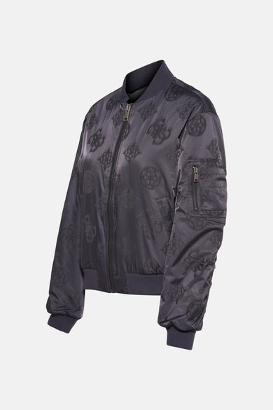 Veste grise de Guess avec un motif sombre et une fermeture éclair.