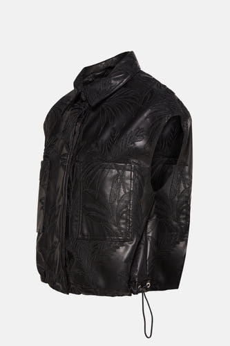 Gilet chauffant noir de Guess, avec des motifs de feuilles de palmier brodés et une corde à l'ourlet.