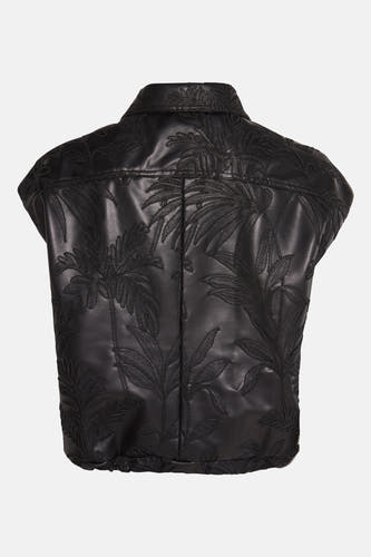 Gilet bodywarmer noir de Guess® avec un motif tropical tropical feuilles et une encolure montante, vu de l'arrière.