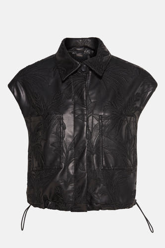 Gilet bodywarmer noir de Guess® avec un motif de feuilles tropicales brodé et des cordons ajustables à la base.
