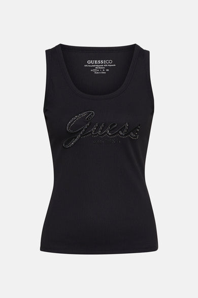 T-shirt noir de Guess avec paillettes et texture rayée.