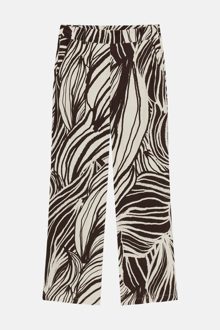 Crèmekleurige broek met donkerbruin abstract patroon van Guess, met wijde pijpen en riemlussen.