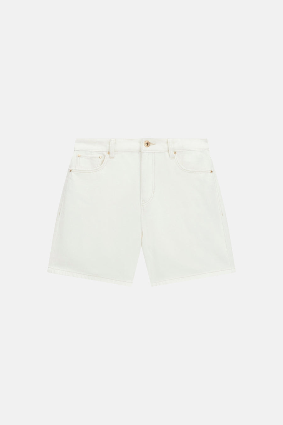 Shorts écru Guess à cinq poches, bouton doré et rivets.