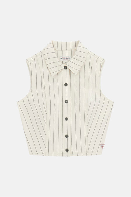 Gilet beige Guess® avec motif craie et fermeture boutonnée sur le devant.