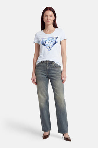 T-shirt Guess à manches courtes de couleur bleue avec logo triangulaire blanc et bleu et strass.