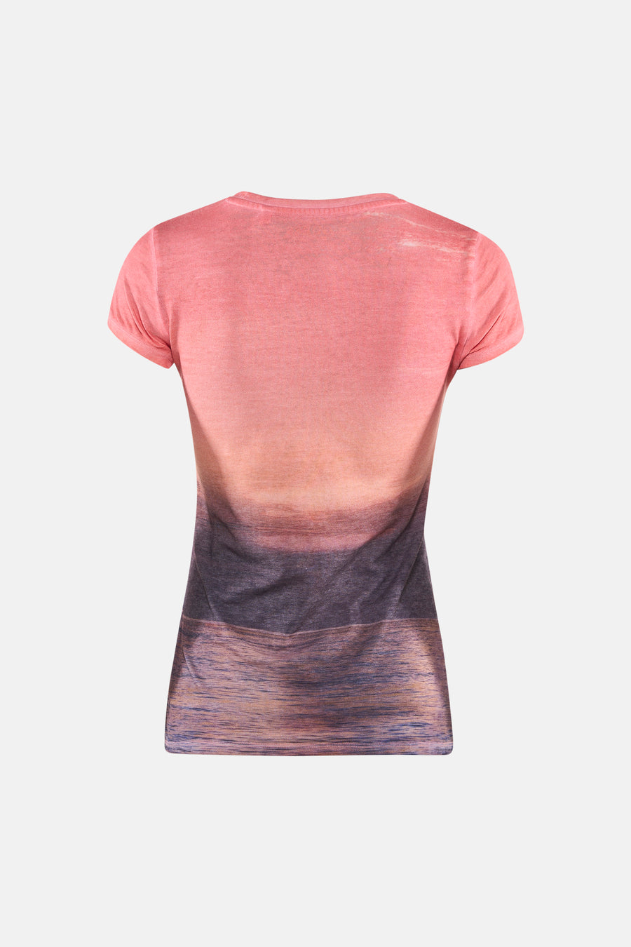 T-shirt multicolore Guess® avec dégradé ombré du rose au violet, manches courtes et motif aquatique, dos.