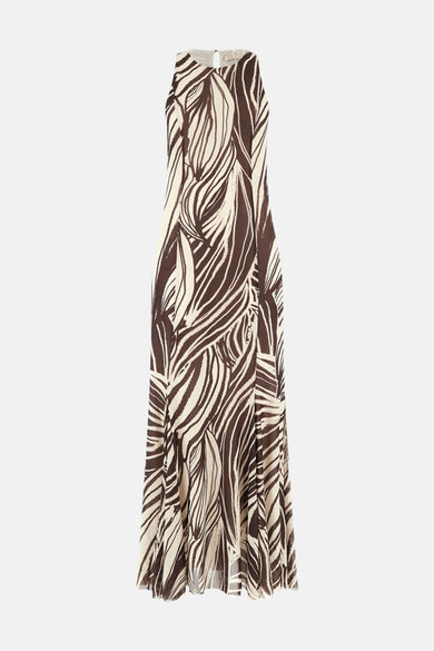 Une robe courte à manches longues sans manches de Guess, marron et crème, avec un motif à rayures abstraites et un col licou avec ouverture en trou de serrure.