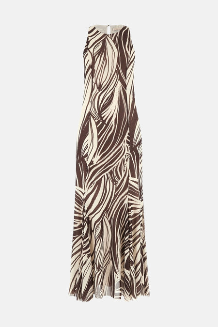Une robe courte à manches longues sans manches de Guess, marron et crème, avec un motif à rayures abstraites et un col licou avec ouverture en trou de serrure.
