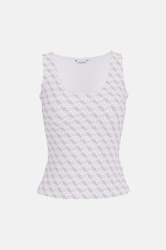 Débardeur blanc Guess, avec un motif logo intégral argenté.