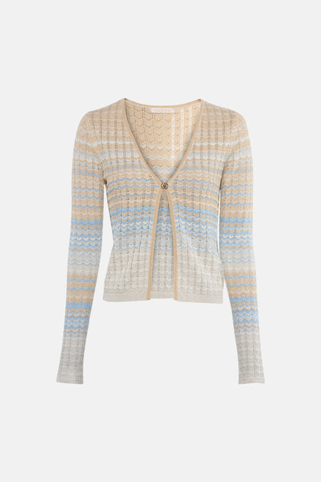 Gilet beige Guess® à manches longues, ouvert et avec un motif zigzag rayé bleu et orange.