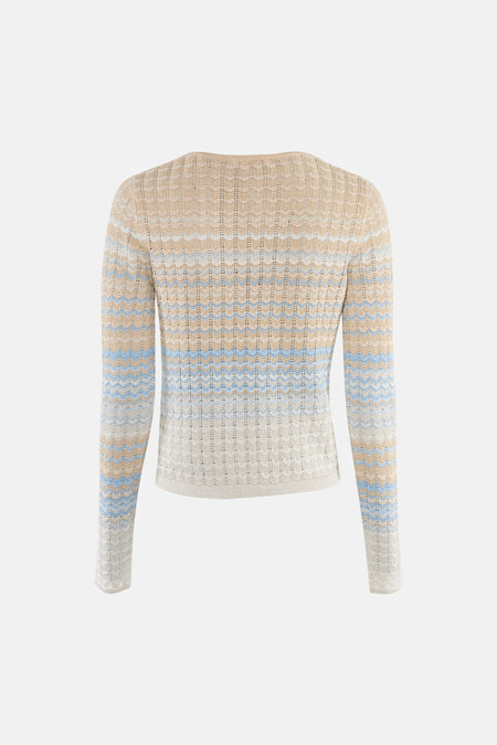 Gilet beige Guess® à manches longues avec motif zigzag tricoté en bleu, blanc et beige, vue arrière.