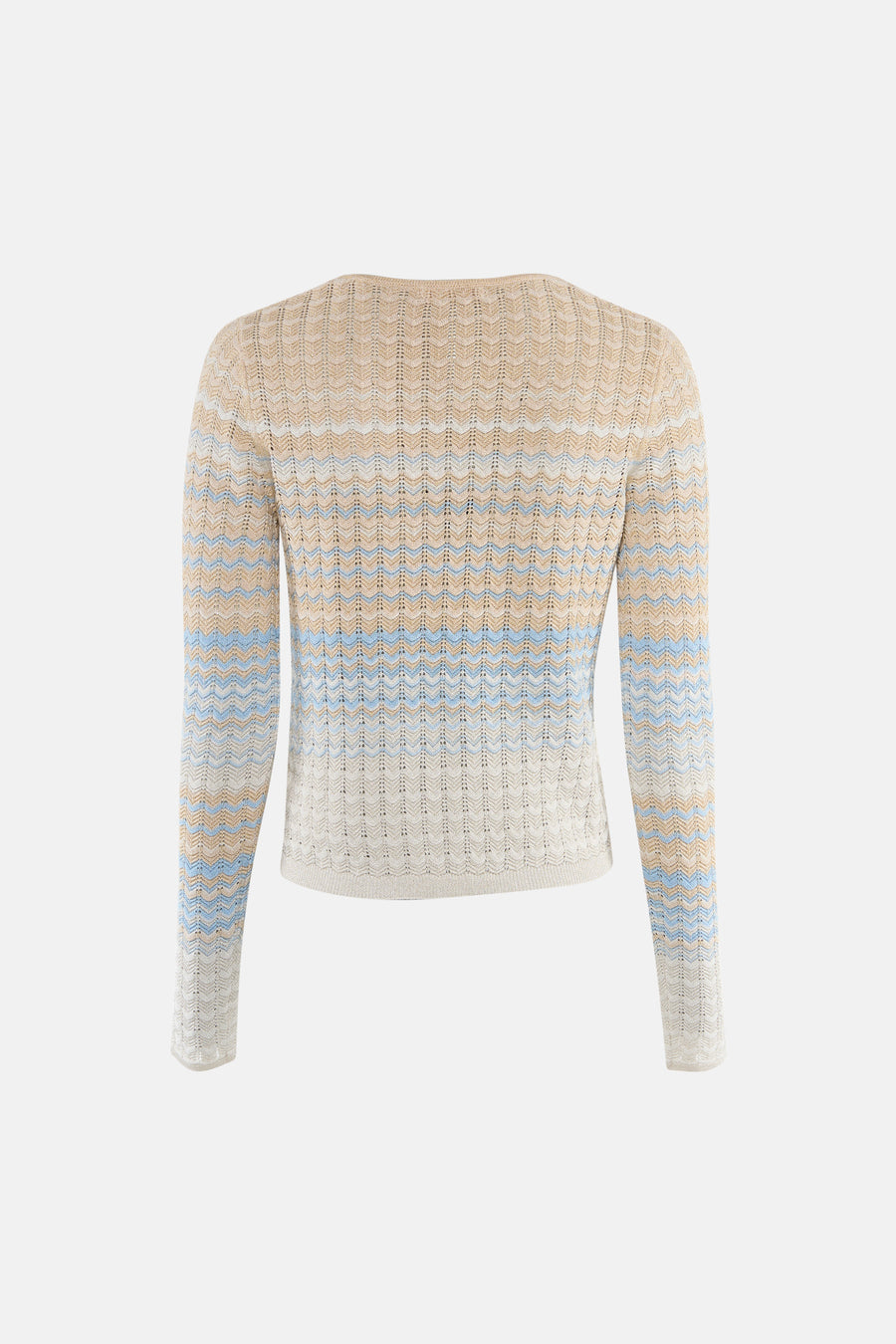 Gilet beige Guess® à manches longues avec motif zigzag tricoté en bleu, blanc et beige, vue arrière.