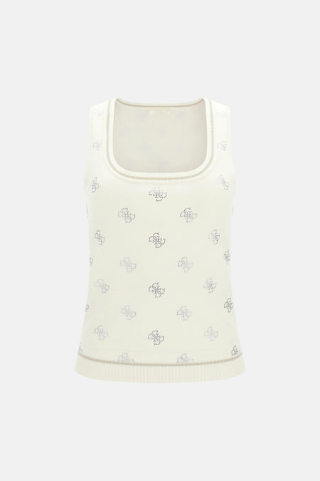Débardeur écru Guess® avec motif monogramme argenté et bords côtelés, porté avec un jean.