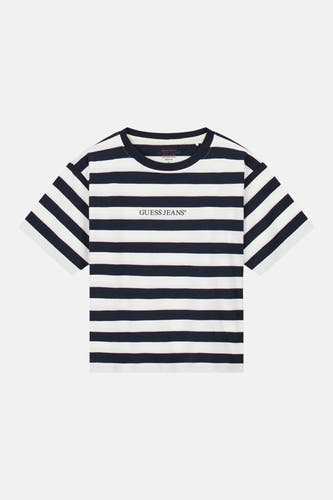 T-shirt bleu rayé (manches courtes) de Guess®, avec un col rond et le logo de la marque sur la poitrine.