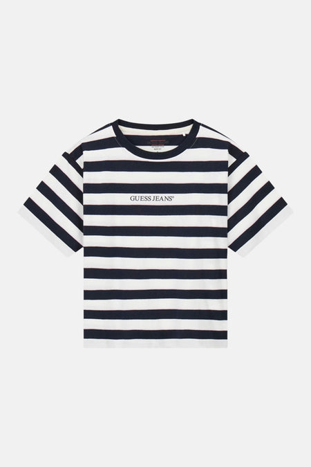 T-shirt bleu rayé (manches courtes) de Guess®, avec un col rond et le logo de la marque sur la poitrine.