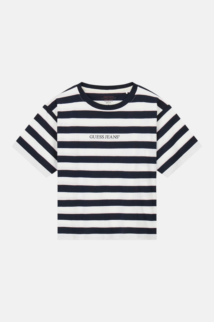 T-shirt bleu rayé (manches courtes) de Guess®, avec un col rond et le logo de la marque sur la poitrine.
