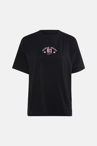 T-shirt Guess noir à manches courtes, avec logo et inscription roses.