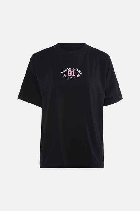 T-shirt Guess noir à manches courtes, avec logo et inscription roses.
