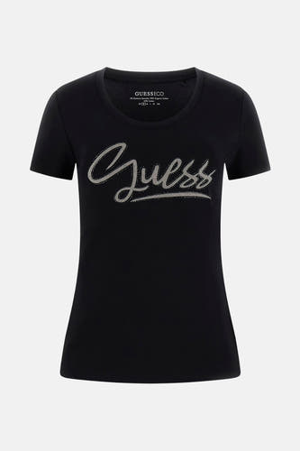T-shirt noir à manches courtes de Guess avec des lettres argentées et des strass.