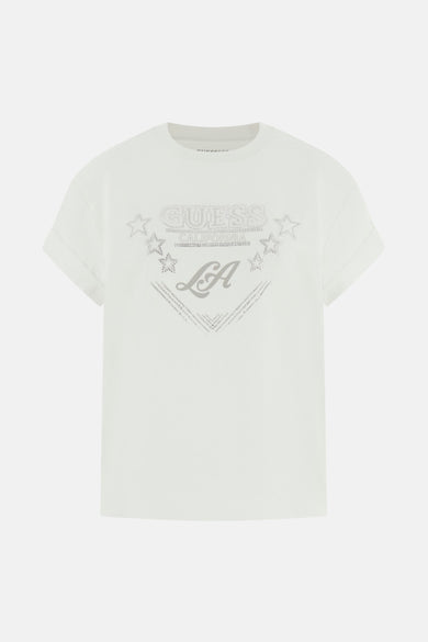 T-shirt blanc à manches courtes Guess, avec étoiles argentées et imprimé "LA".